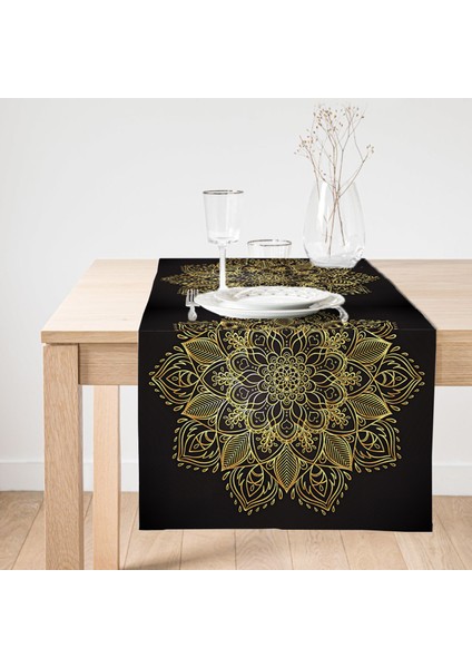 Siyah Zeminde Gold Mandala Motifli Süet Runner