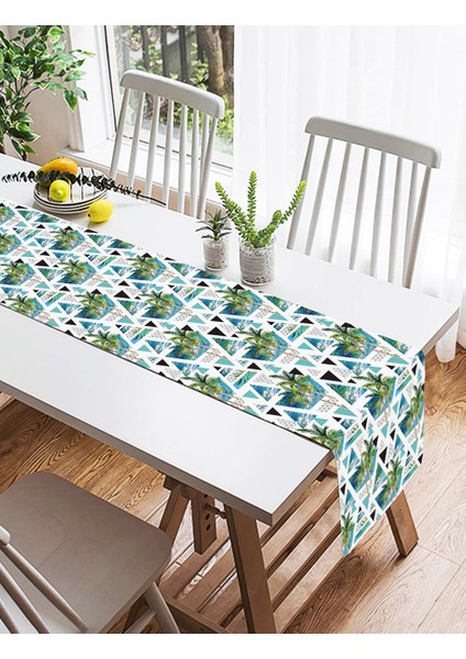 Mavi Geometrik Palmiye Desenleri Dekoratif Süet Runner fiyatları