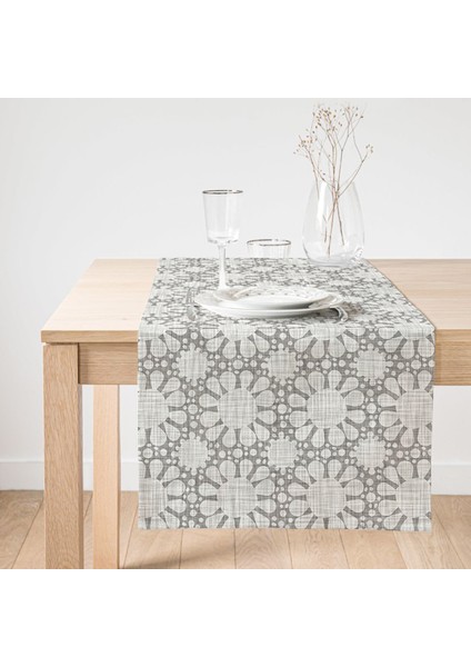Gri Kot Desenli Güneş Motifli Dekoratif Modern Süet Runner