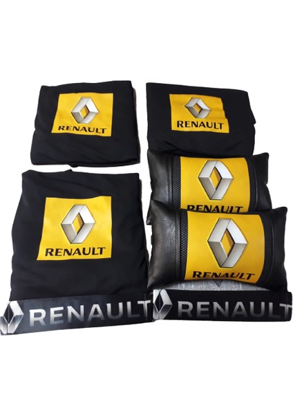 Renault Sarı Baskılı Siyah Penye Servis Kılıfı 2 Adet Kemerlik ve 2 Adet Deri Yastık