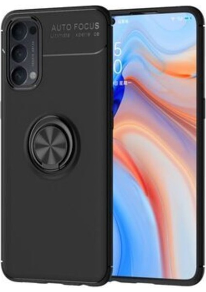 Oppo Reno 4 Lite Kılıf Renkli Yüzüklü Manyetik Silikon Kapak Siyah - Siyah