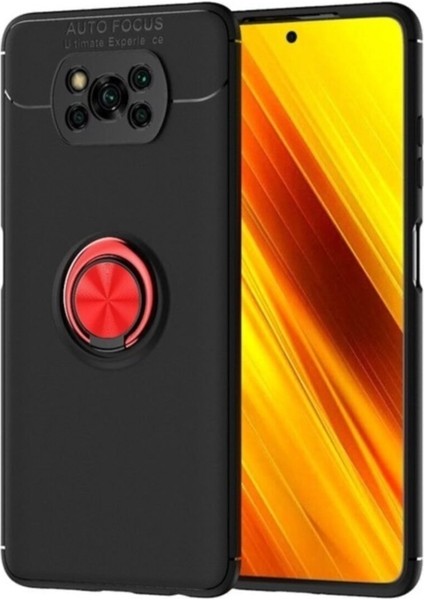Xiaomi Poco X3 Kılıf Renkli Yüzüklü Manyetik Silikon Kapak Siyah - Kırmızı