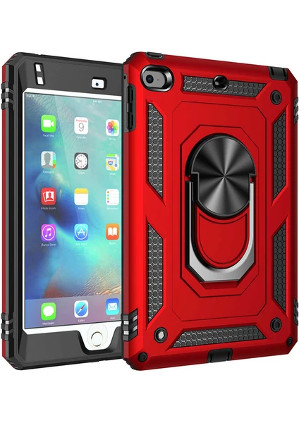 Case World Apple iPad Mini 4 Military Yüzüklü Stantlı Tam Koruma Tank Tablet Kılıf Kırmızı