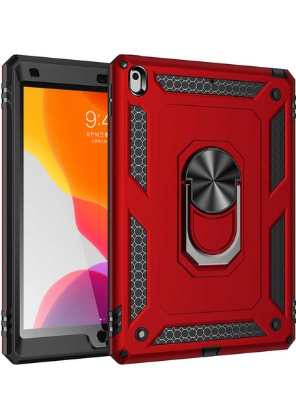 Apple iPad 8 Military Yüzüklü Stantlı Tam Koruma Tank Tablet Kılıf Kırmızı