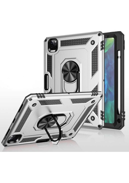 Apple iPad 8 Military Yüzüklü Stantlı Tam Koruma Tank Tablet Kılıf Kırmızı