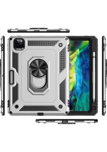 Apple iPad 8 Military Yüzüklü Stantlı Tam Koruma Tank Tablet Kılıf Kırmızı