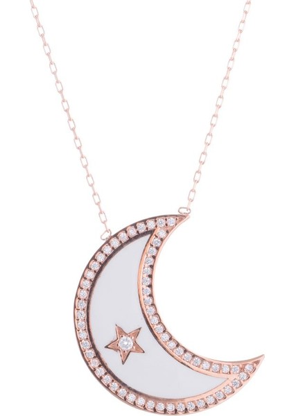 Ay Içi Yıldızlı Beyaz Mineli Rose Gold Kolye