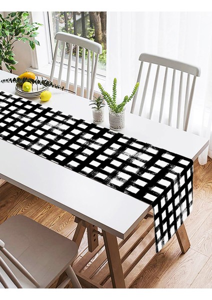 Siyah Zeminde Geometrik Kare Motifli Dekoratif Süet Runner fiyatları