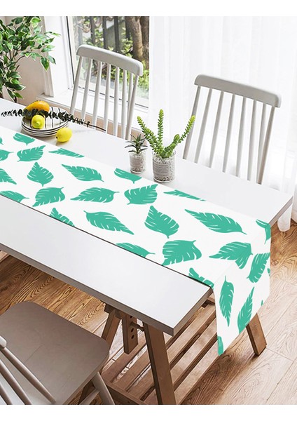 Beyaz Temalı Mint Yeşili Yaprak Motifli Dekoratif Süet Runner fiyatları