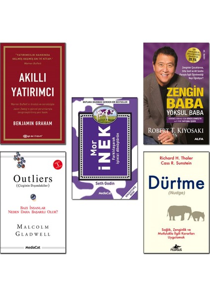 Akıllı Yatırımcı + Zengin Baba Yoksul Baba + Outliers (Çizginin Dışındakiler) + Dürtme (Nudge) + Mor Inek - 5 Kitap Set