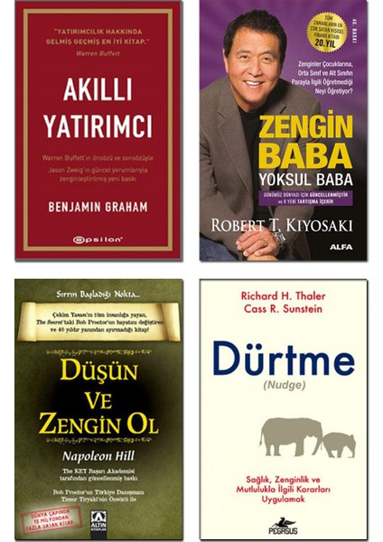 Akıllı Yatırımcı + Zengin Baba Yoksul Baba + Düşün ve Zengin Ol + Dürtme (Nudge) - 4 Kitap Set