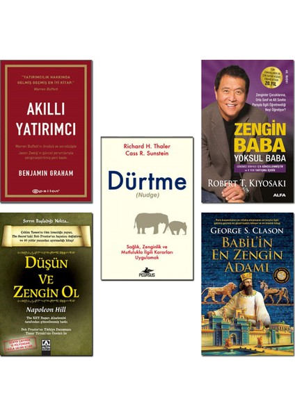 Akıllı Yatırımcı + Zengin Baba Yoksul Baba + Babil'in En Zengin Adamı + Düşün ve Zengin Ol + Dürtme (Nudge) - 5 Kitap Set