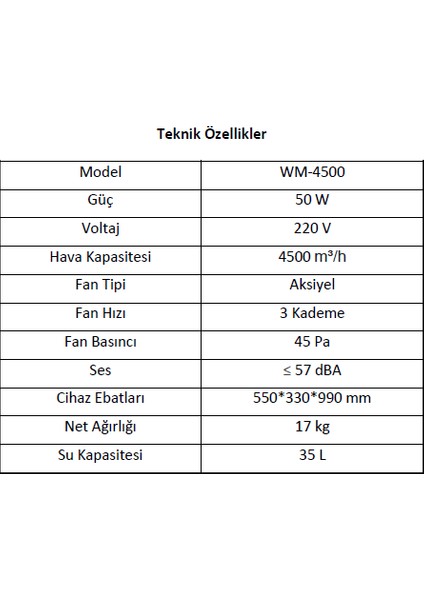 WM-4500 Mobil Evaporatif Soğutucu Sulu Klima