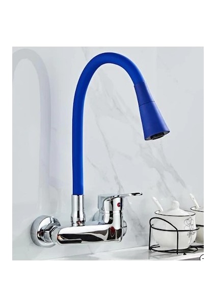 Duvardan Oynar Başlıklı Evye Mutfak Bataryası Mavi