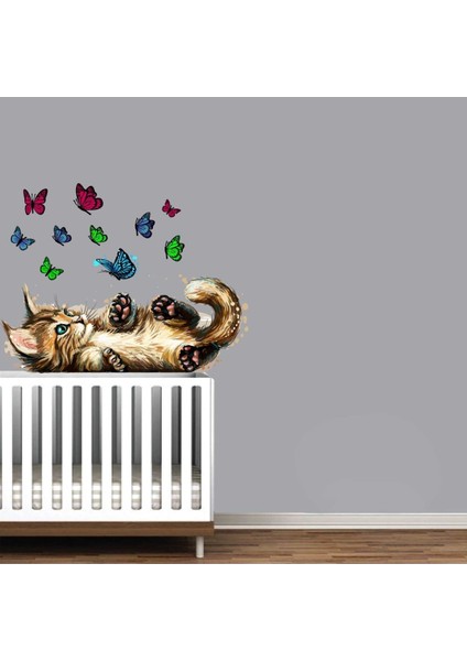 Kt Decoration Yavru Kedi ve Uçan Kelebekler Duvar Sticker Seti