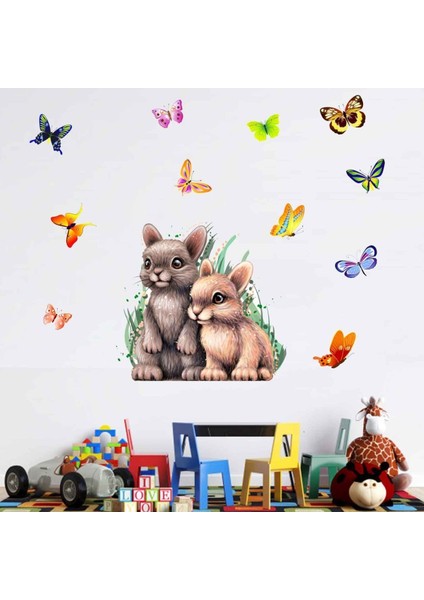 Kt Decoration Sevimli Tavşanlar ve Renkli Kelebekler Pvc Çocuk Odası Duvar Sticker Seti