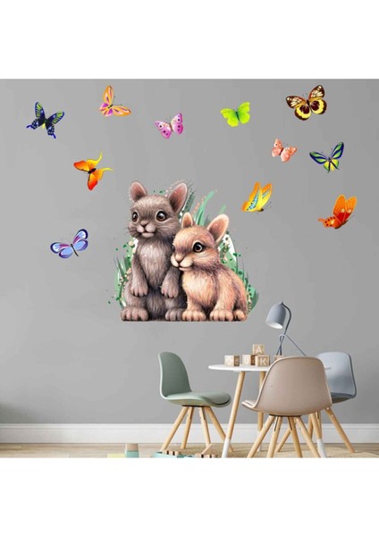 Kt Decoration Sevimli Tavşanlar ve Renkli Kelebekler Pvc Çocuk Odası Duvar Sticker Seti fiyatları