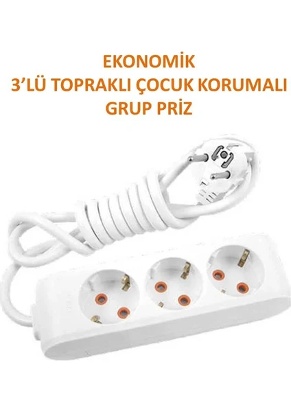 Ekonomik 3'lü Grup Priz Topraklı Çocuk Korumalı 10 Metre Kablo