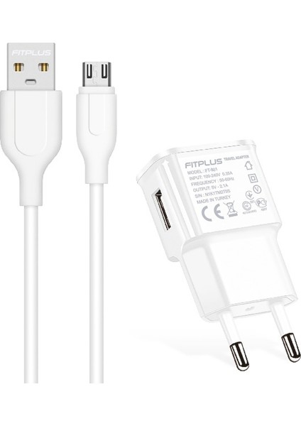 Fitplus Bianca Seri Şarj Aleti ve Micro USB Kablo Set 2.1A FT-801 Beyaz