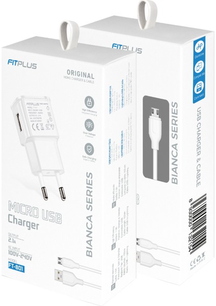 Fitplus Bianca Seri Şarj Aleti ve Micro USB Kablo Set 2.1A FT-801 Beyaz fırsatları
