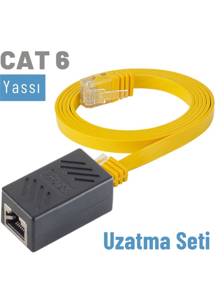 CAT6 Uzatma Seti, Yassı Ethernet Kablo ve Ekleyici, Sarı, 50 cm