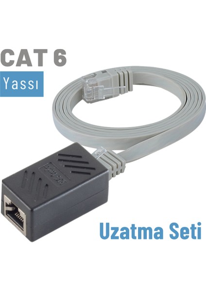 CAT6 Uzatma Seti, Yassı Ethernet Kablo ve Ekleyici, Gri, 50 cm