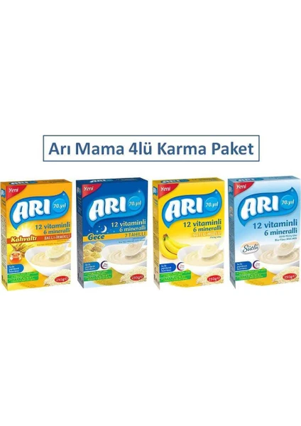 Arı Mama 250 gr 4lü Karma Paket - Ballı Irmikli + Sütlü + Muzlu + 7 Tahıllı Gece