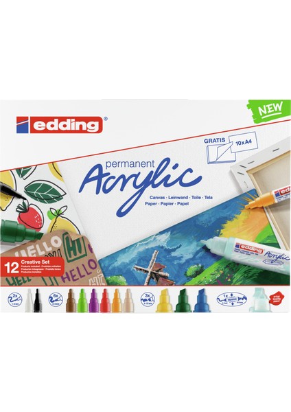 Yaratıcı Set - 12’Li Akrilik Markör Seti (Temel), Su Geçirmez, İnce, Orta, Kalın, Resim Defteri Dahil