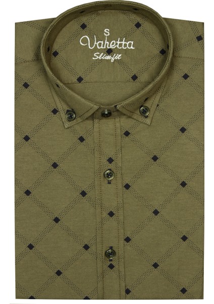 Erkek Slim Fit Yeşil Desenli Koldan Katlamalı Erkek Gömlek