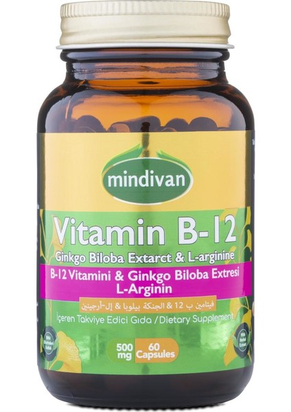 Mindivan Vitamin B12 Ginkgo Biloba L-Arginin 60 Kapsül