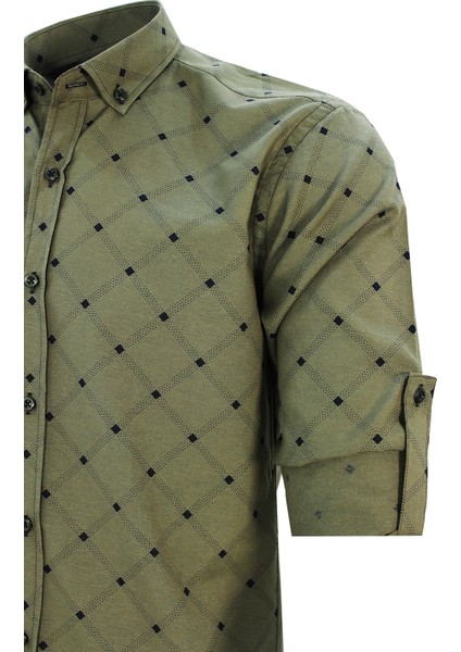 Erkek Slim Fit Yeşil Desenli Koldan Katlamalı Erkek Gömlek modelleri