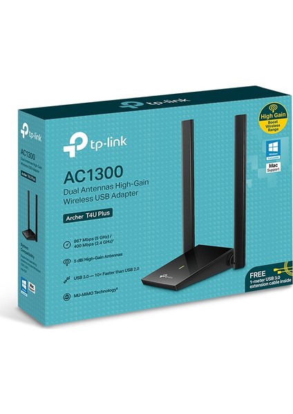 TP-Link Archer T4U Plus, AC1300 Mbps, 1 Metre USB 3.0 Kablo, Yüksek Çekim Güçlü Wi-Fi 5 USB Adaptör