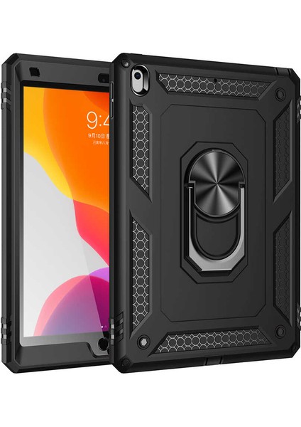 Apple iPad 8 Military Yüzüklü Stantlı Tam Koruma Tank Tablet Kılıf Siyah