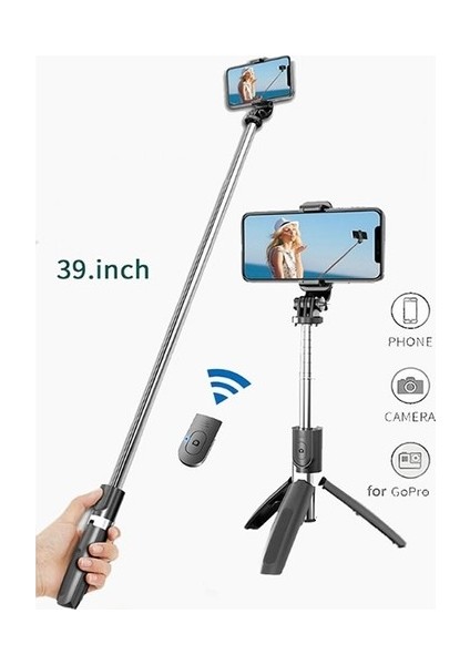 Go Pro Uyumlu Bluetooth  Kumandalı Katlanabilir 100 cm Selfie Çubuğu Özçekim Tripod Çubuğu