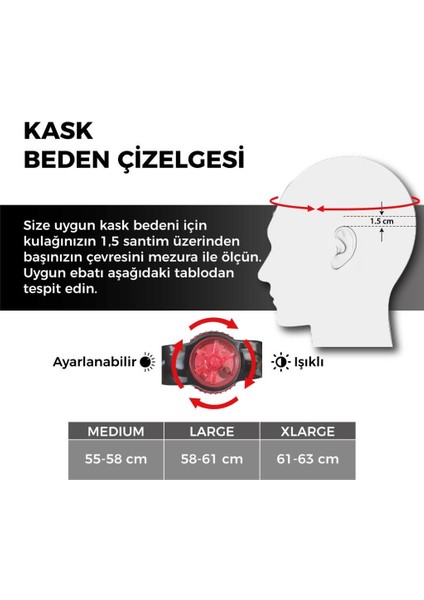 MV29 Unisex Işıklı Kask Siyah/Kırmızı