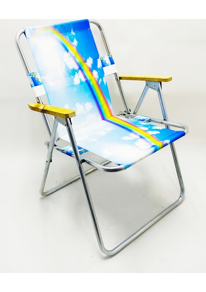 Ahşap Kolçaklı Gök Kuşağı Desenli Katlanır Kamp Bahçe Plaj Piknik Sandalyesi Koltuğu