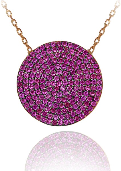 Fuşya Taşlı Yuvarlak Gümüş Kolye