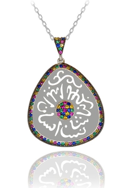 Renkli Taşlı Allahım Bana Şans İhsan Eyle Dualı Gümüş Kolye