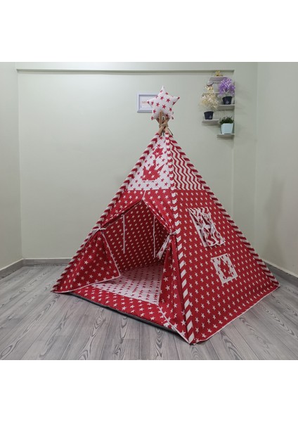 Sabitlenebilir Çocuk Oyun Çadırı Kırmızı Yıldızlar