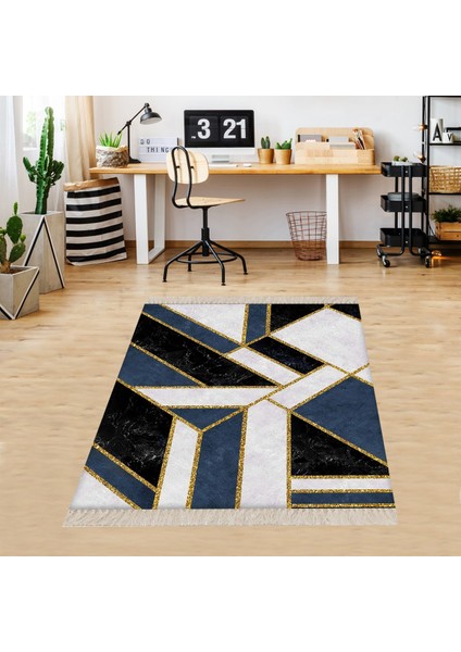 Geometrik Desenli Gold Şeritli Dijital Baskı Yıkanabilir Kaymaz Taban Modern Salon Halısı