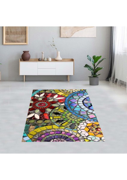 Mozaik Mandala Desenli Renk Geçişli Dijital Baskı Yıkanabilir Kaymaz Taban Salon Halısı ve Yolluk