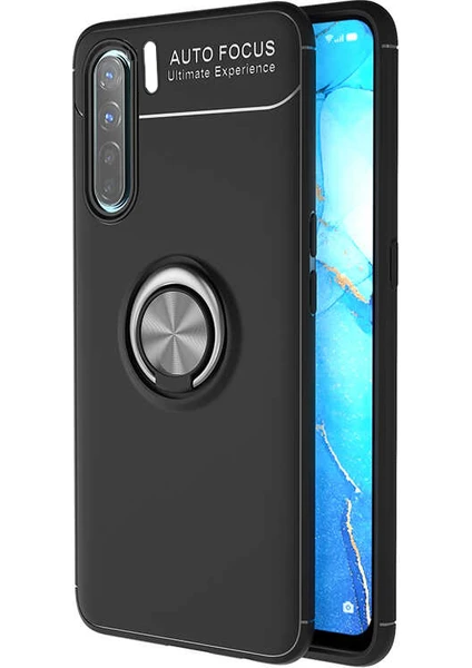 Case 4U Oppo A91 Kılıf Autofocus Shockprof Ravel Yüzüklü Standlı Slikon Kapak Siyah