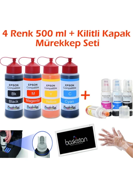 Epson L1110 4X500 ml Mürekkep + Kilitli Kapak Mürekkep Seti (Muadil)