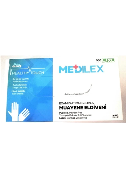 Medilex Pudrasız Mavi Muayene Eldiven 100'LÜ Large