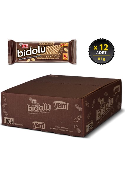 Bidolu Fındık Kremalı Yer Fıstığı Parçacıklı Gofret 81 g x 12 Adet