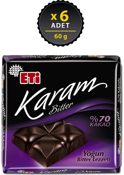 Karam %70 Kakaolu Bitter Çikolata 60 g x 6 Adet