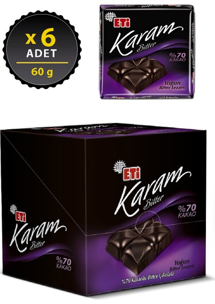 Karam %70 Kakaolu Bitter Çikolata 60 g x 6 Adet