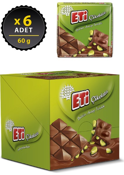 Antep Fıstıklı Kare Çikolata 60 g x 6 Adet