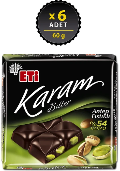 Karam %54 Kakaolu Antep Fıstıklı Bitter Çikolata 60 g x 6 Adet