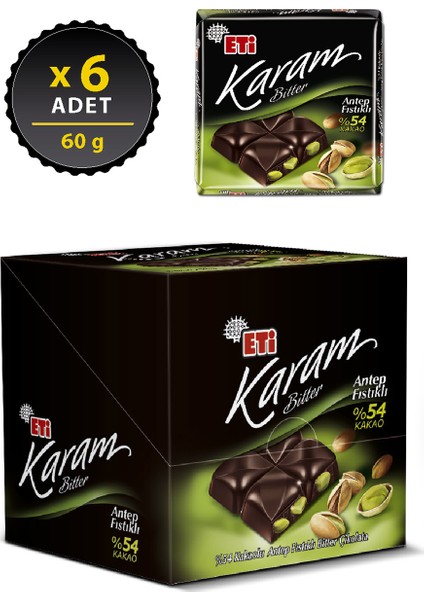 Karam %54 Kakaolu Antep Fıstıklı Bitter Çikolata 60 g x 6 Adet